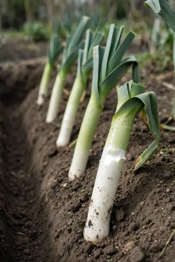 Leeks standing in a hilled trench, white shanks blanched