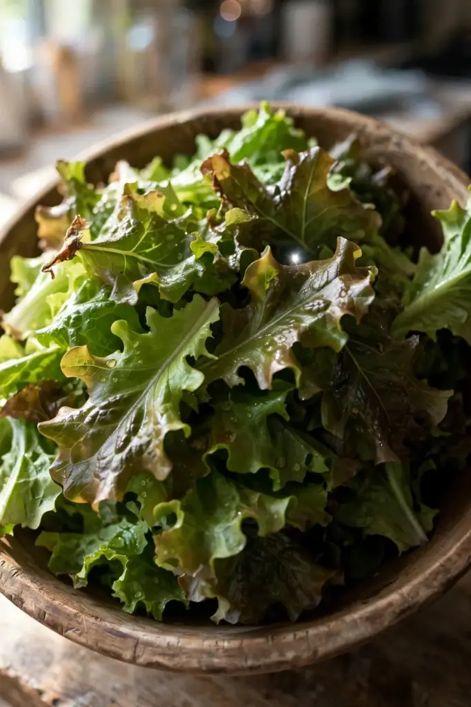 Cut looseleaf lettuce leaves piled in a wooden bowl