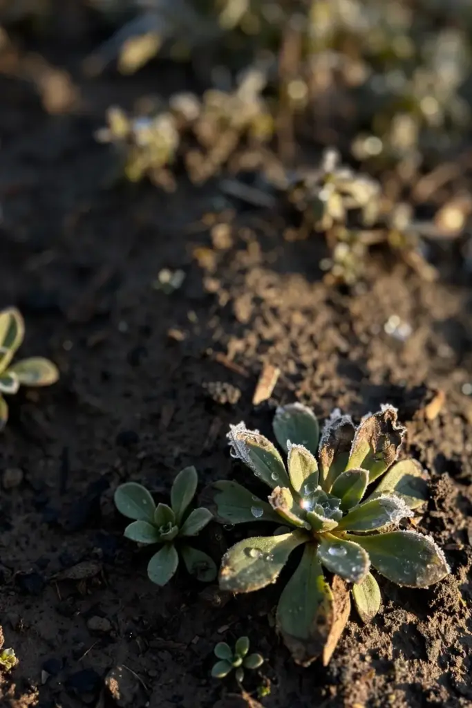 Mache rosettes hugging the cold soil in small green stars