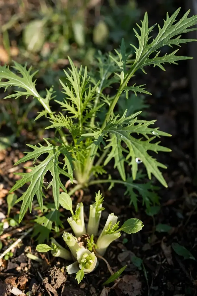 Feathery mizuna leaves cut and regrowing in a fall bed