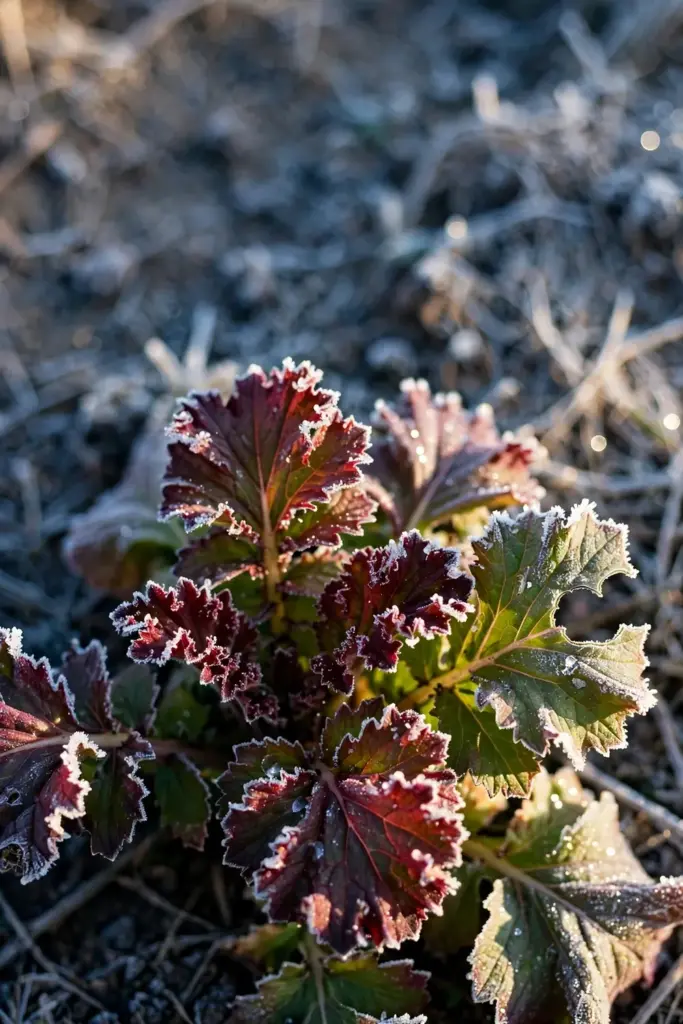 Bunch of red and green mustard leaves with frost-kissed edges