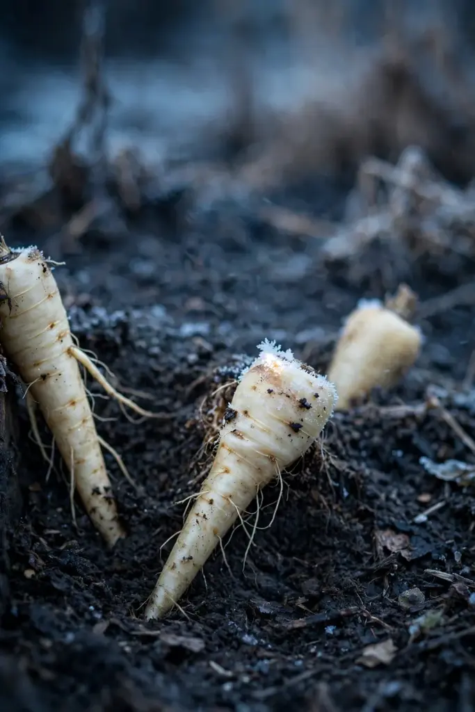 Parsnip roots in winter soil, pale and sweet after frost