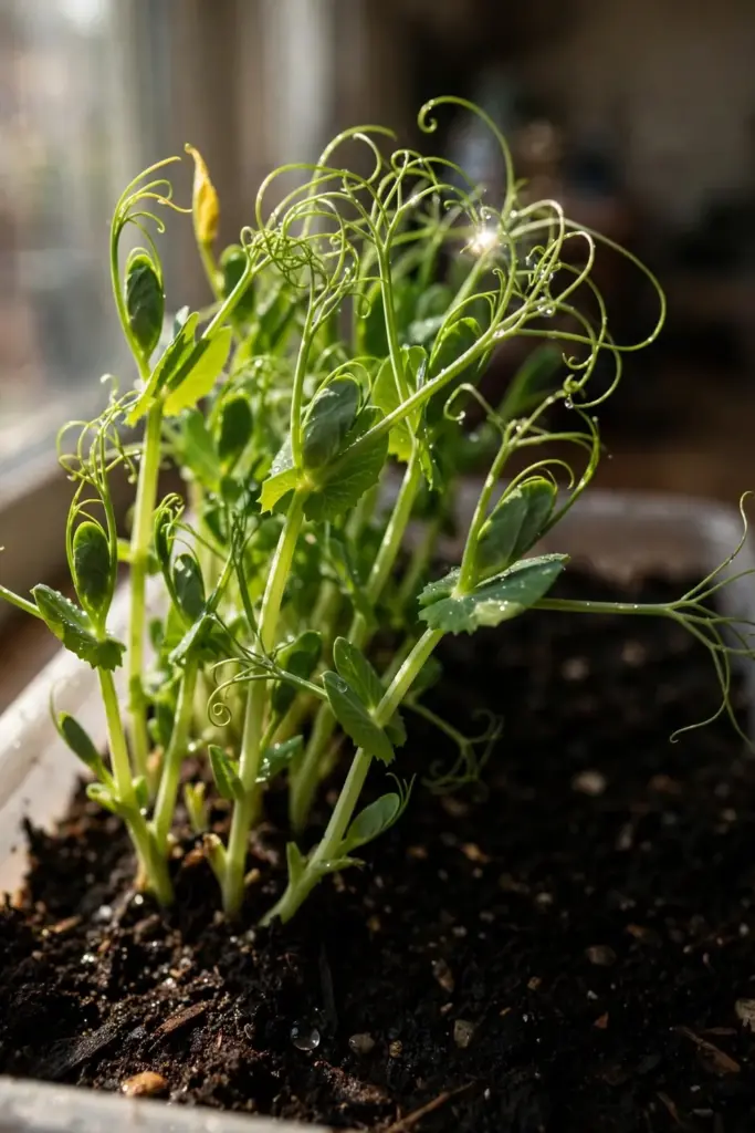 Pea shoots with curling tendrils growing in a shallow tray