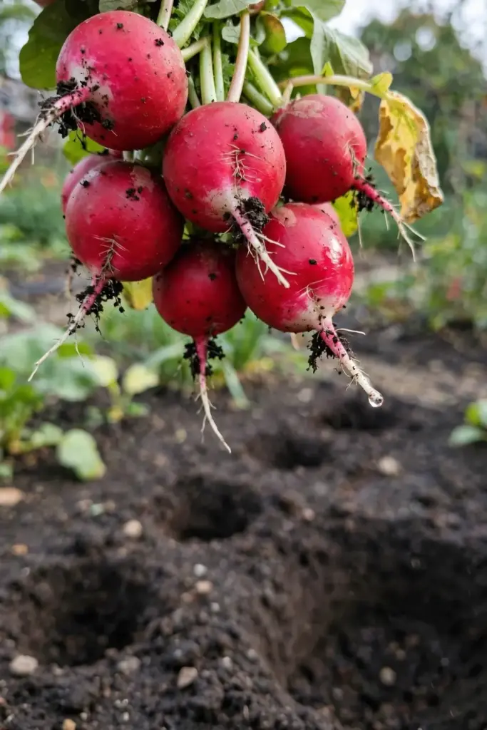 Handful of pulled radishes, red roots and green tops, over the bed they came from