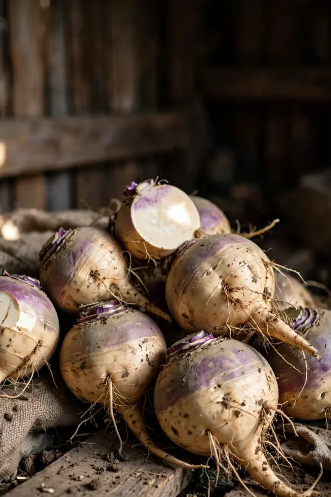Rutabaga roots with purple tops ready for the root cellar
