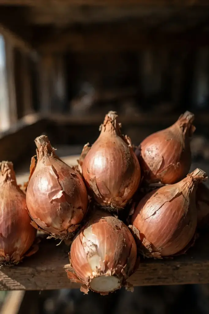 Shallot cluster of divided bulbs with papery skins