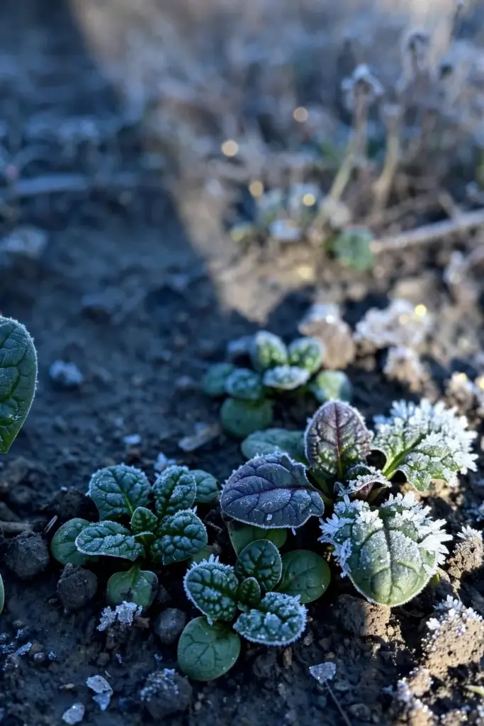 Small spinach rosettes sleeping under light frost