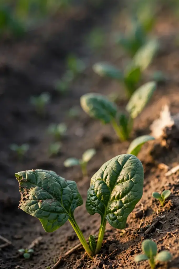 Spinach seedlings emerging in a row, first true leaves unfolding