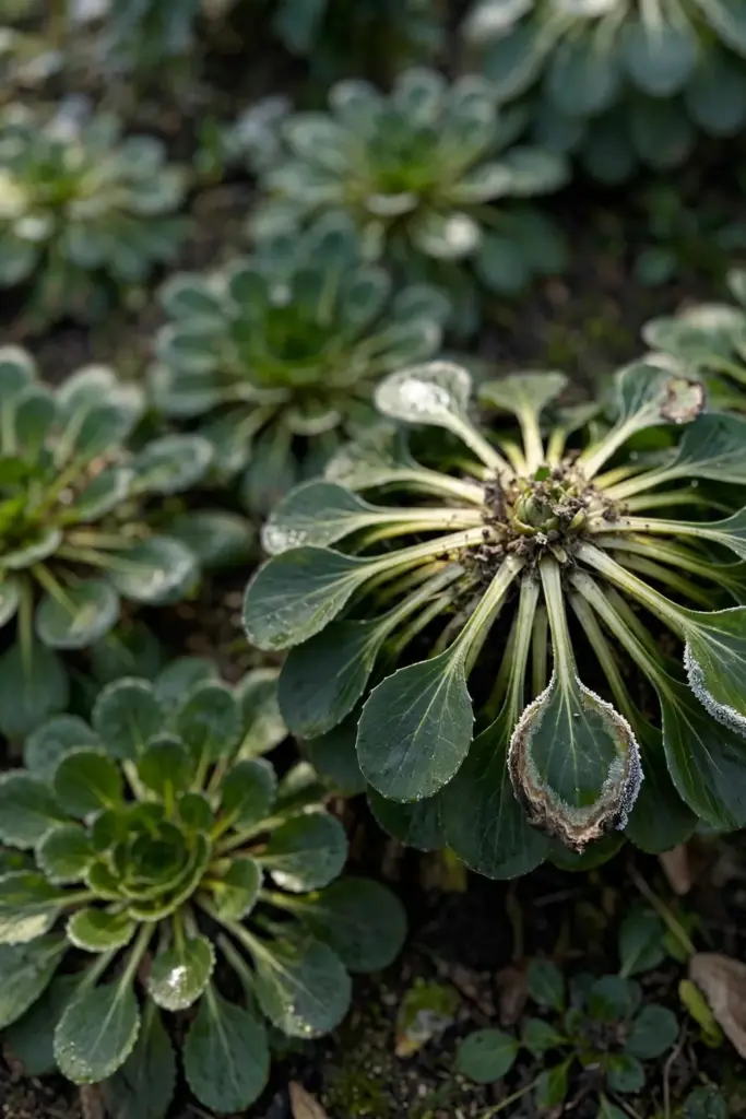Tatsoi rosettes forming flat green spoons across a garden bed