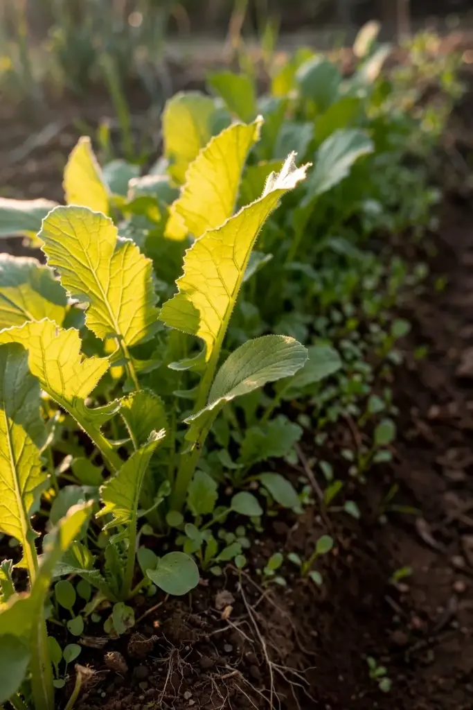 Young turnip greens rising in a thickly sown row