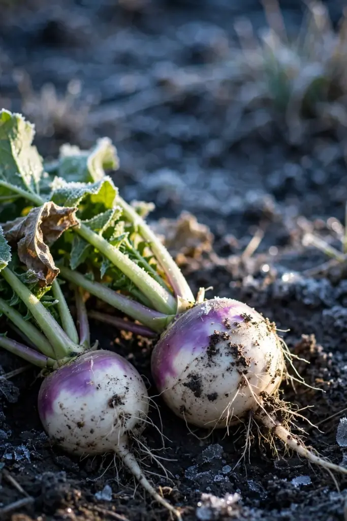Turnip roots with purple shoulders half-pulled from soil
