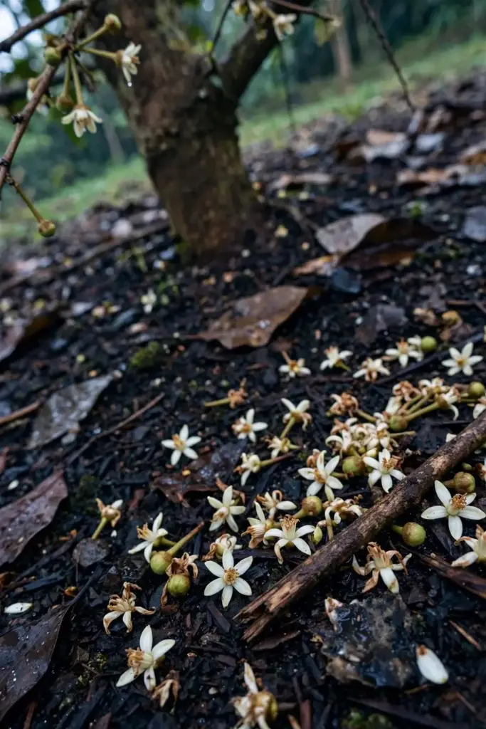 Fallen star apple blossoms scattered on mulch after wind