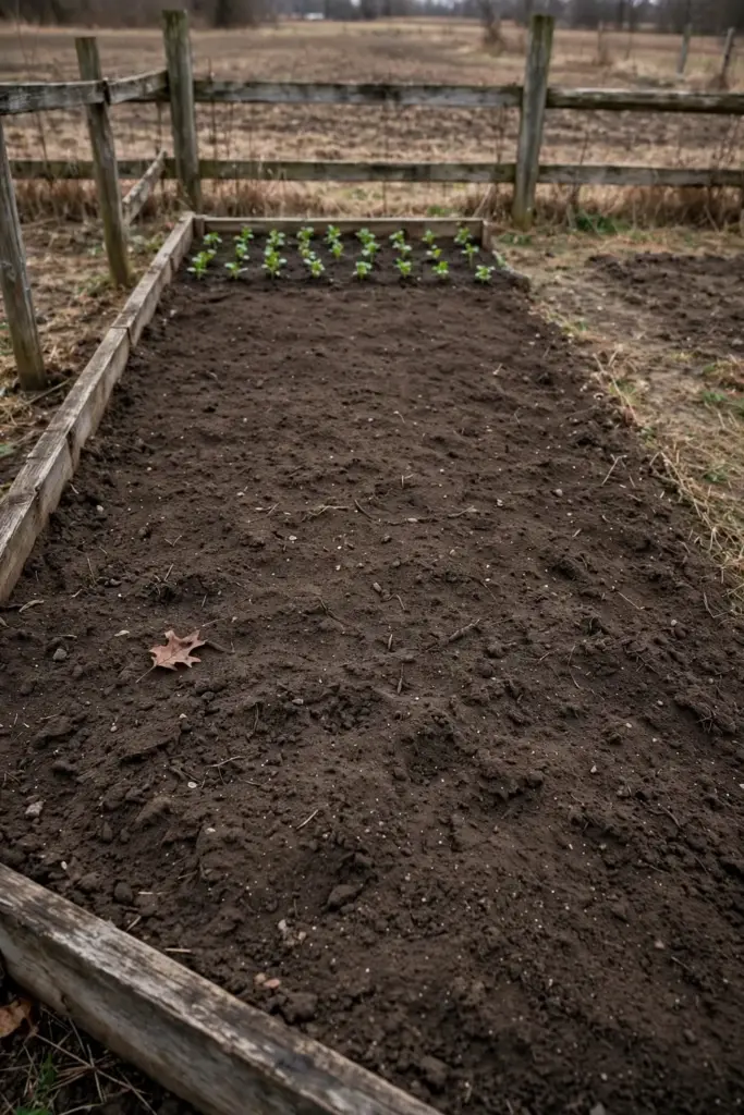 Weeded fallow bed with clean dark soil resting between crops.