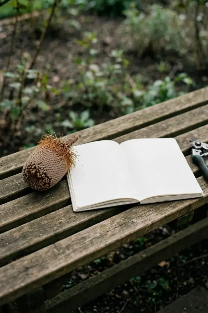 Notebook banksia cone and secateurs on a timber bench beside a bed