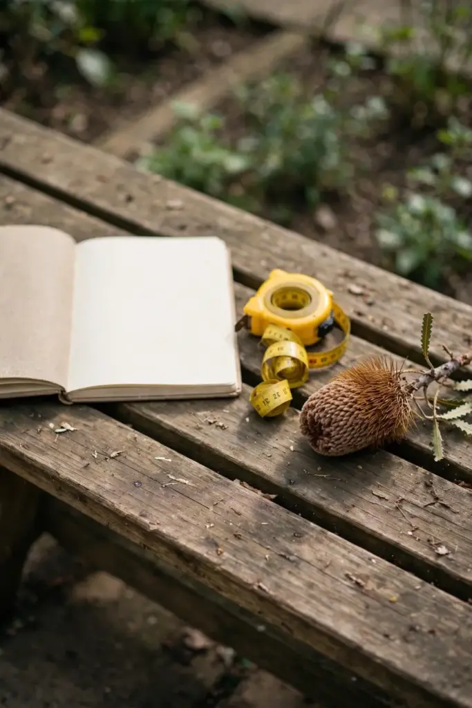 Notebook, tape measure, and a banksia cone on a timber bench beside a garden bed