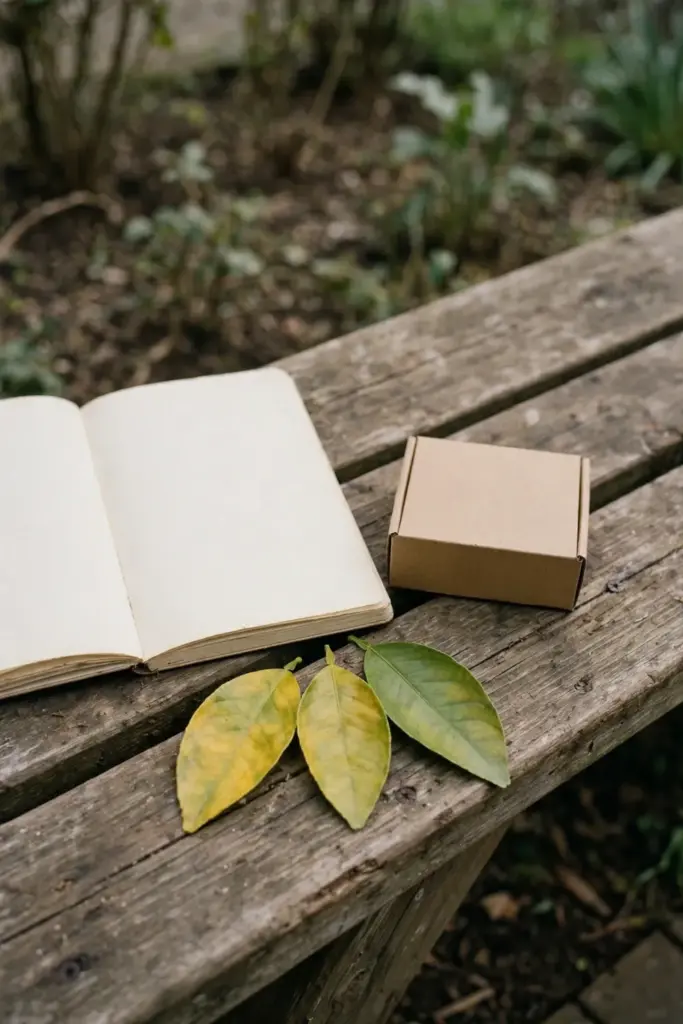 Notebook, soil pH kit, and citrus leaves on a bench