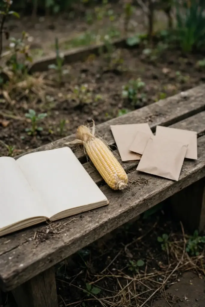 Notebook, corn cob, and seed packets on a bench beside a garden bed