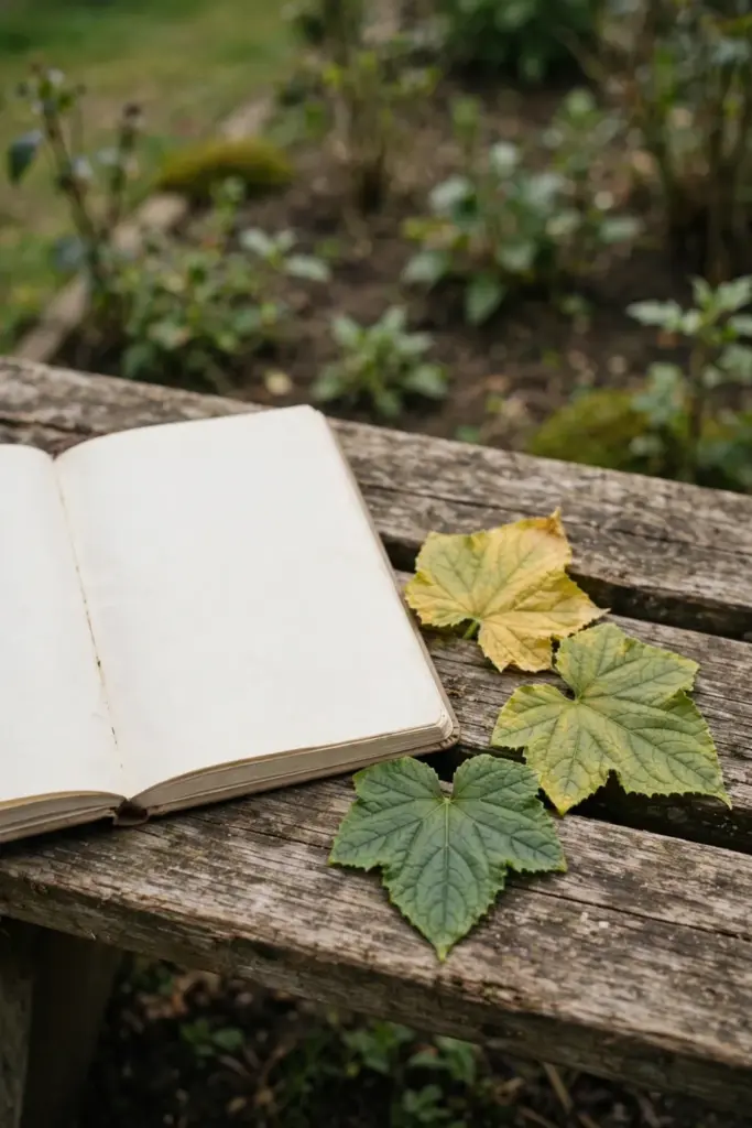 Notebook and cucumber leaves on a bench