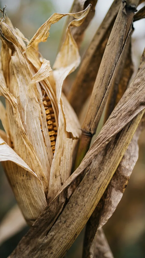 Macro texture of dried corn husks and stalk leaves