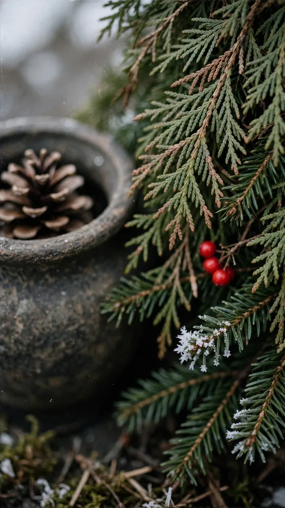 Close view of evergreen foliage, red berries, and a pinecone in an urn