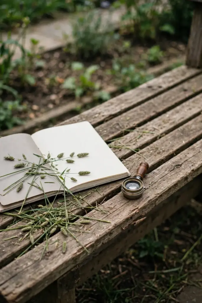Grass clippings, a hand lens, and a notebook on a timber bench beside a garden bed