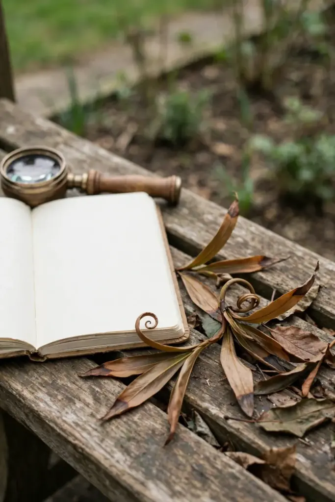 Notebook, hand lens, and brown lilly pilly leaves on a bench