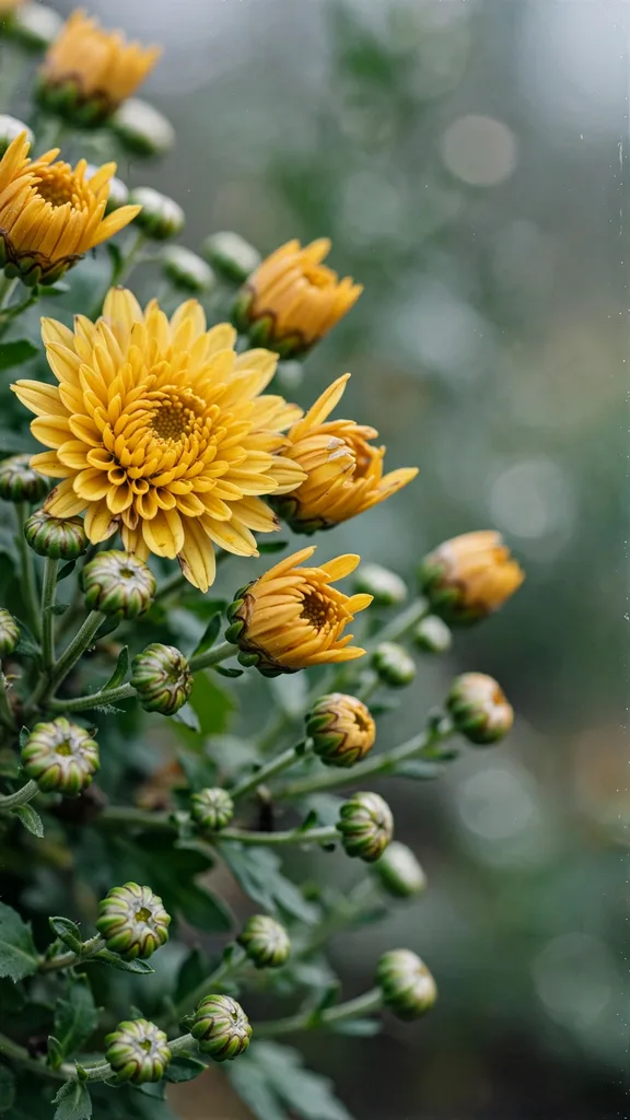 Close view of mum blooms and buds at different stages on one plant