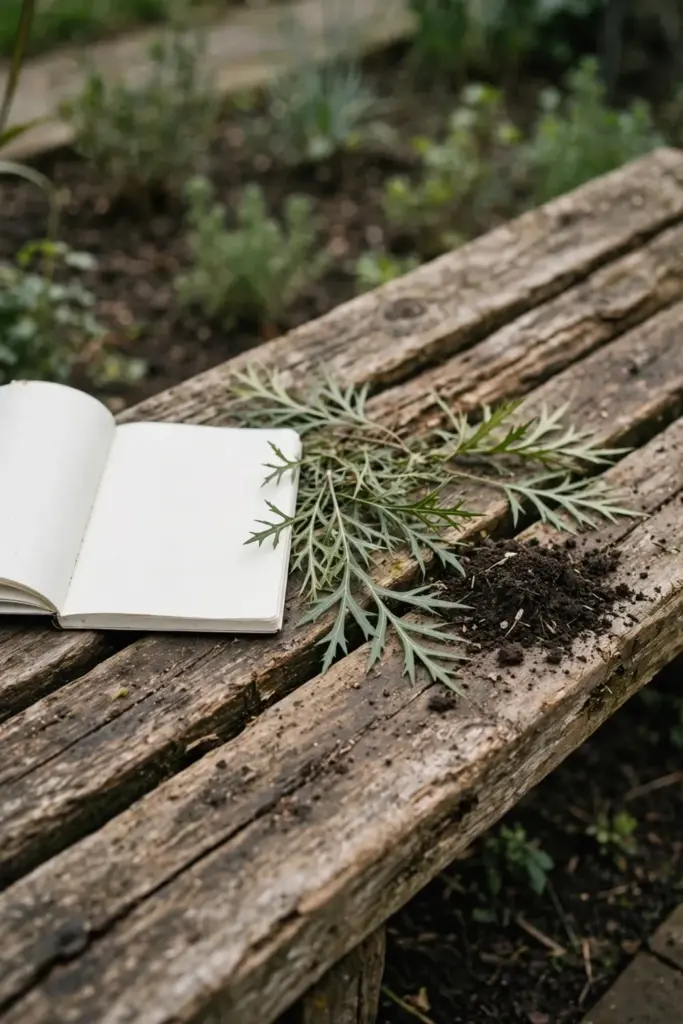 Notebook, native leaves, and soil sample on a timber bench
