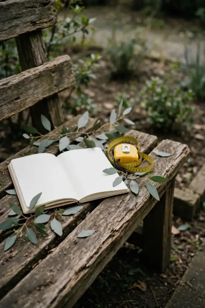 Notebook, tape measure, and gum leaves on a timber bench beside a garden bed