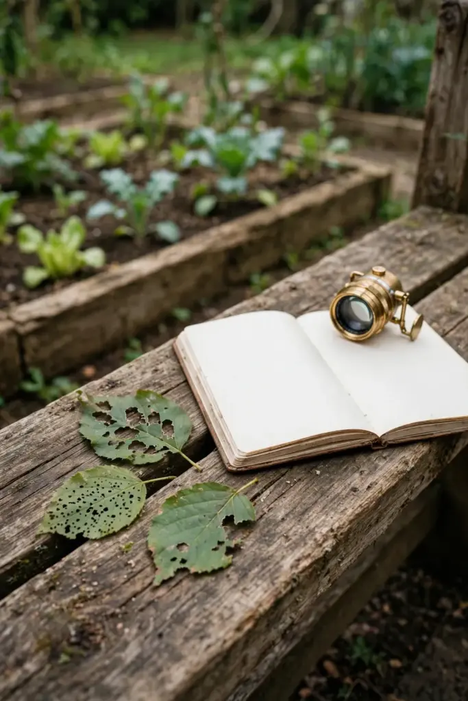 Notebook, hand lens, and chewed leaves on a bench beside a garden bed