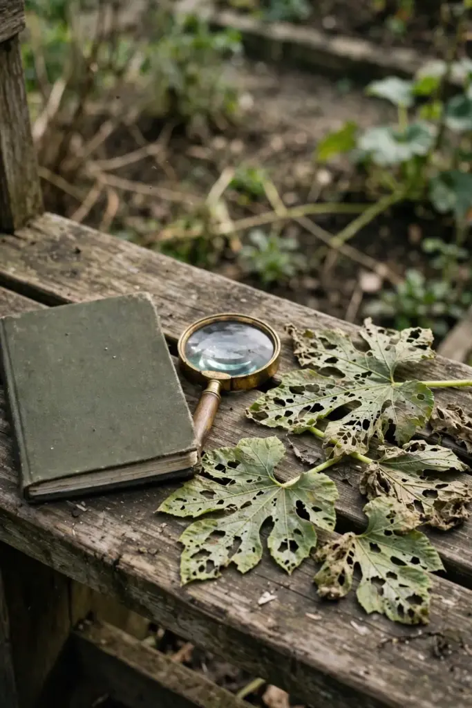 Notebook, hand lens, and chewed pumpkin leaves on a bench