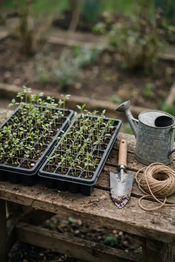 Seedlings in trays on a bench beside gardening tools