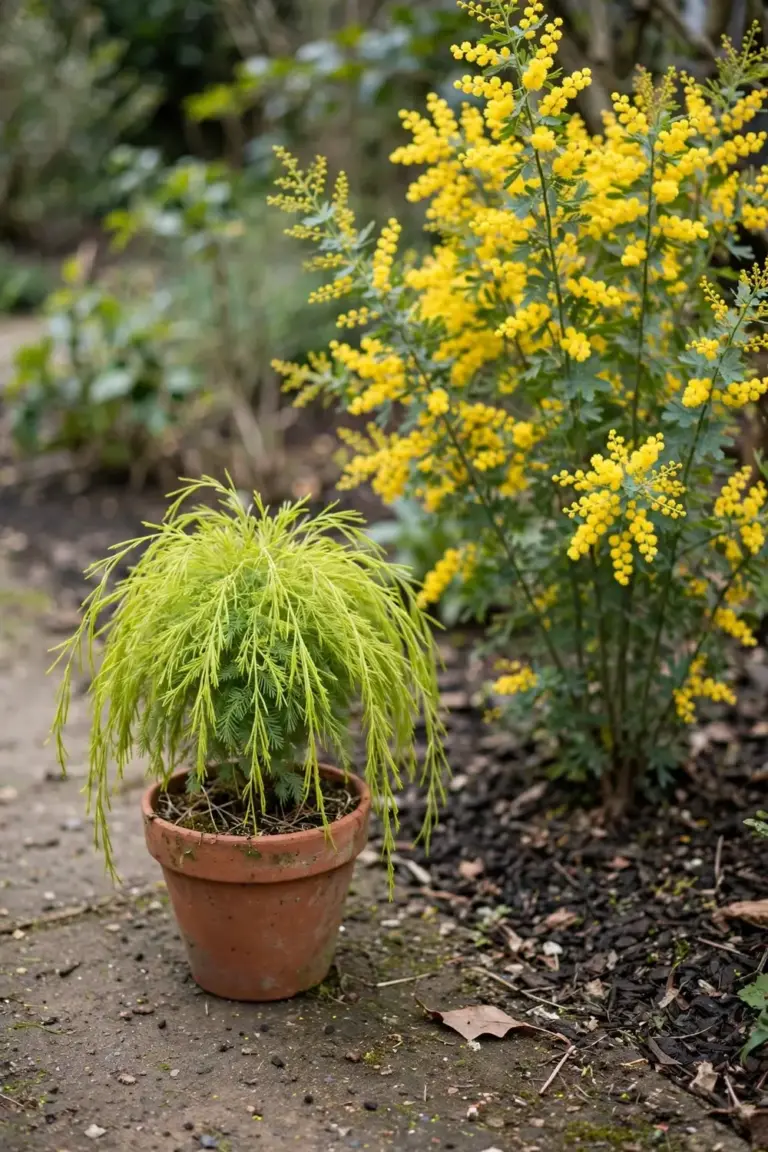 Small potted wattle beside a taller wattle in the ground