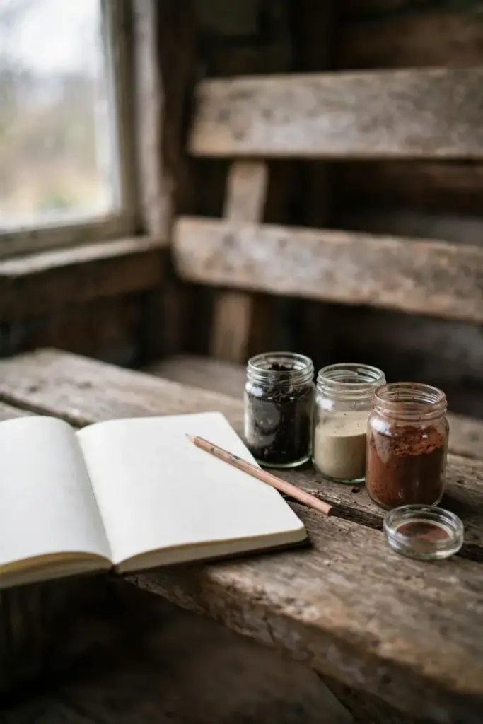 Open notebook with blank pages beside small jars of soil samples on a bench