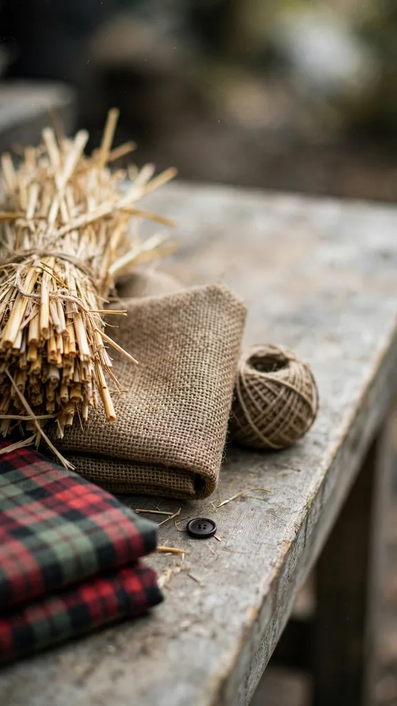 Flat lay of scarecrow materials: straw, burlap, twine, and work clothes