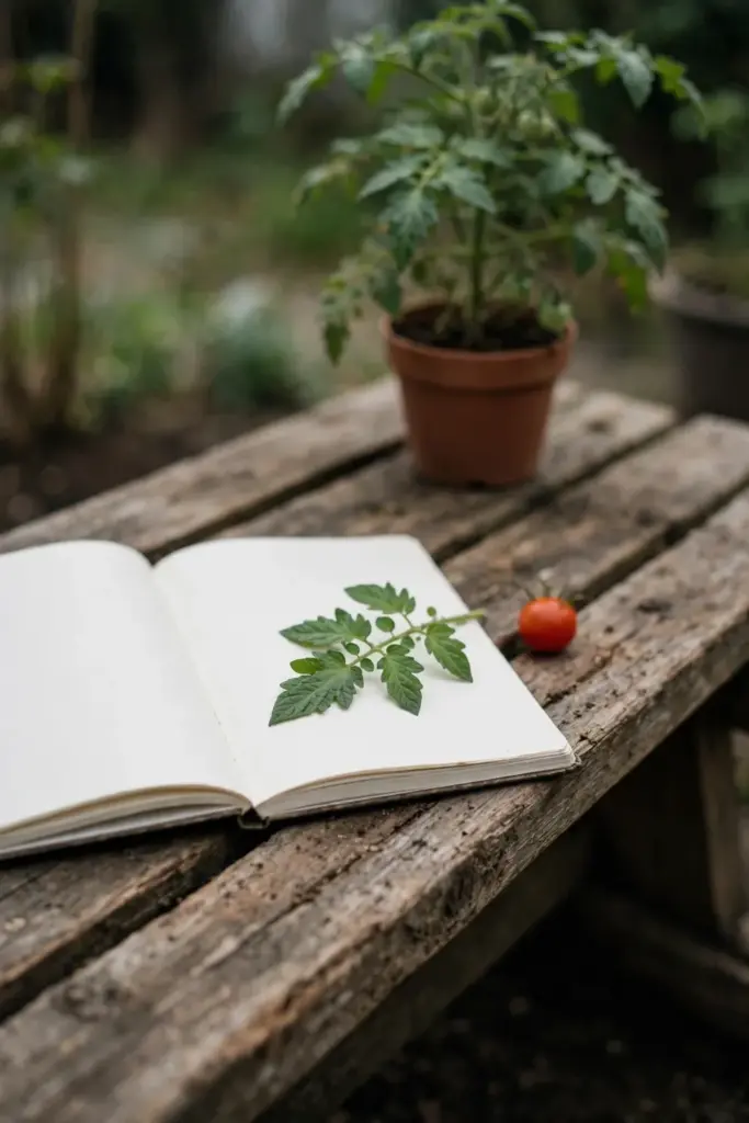 Notebook with blank pages and tomato leaves on a bench