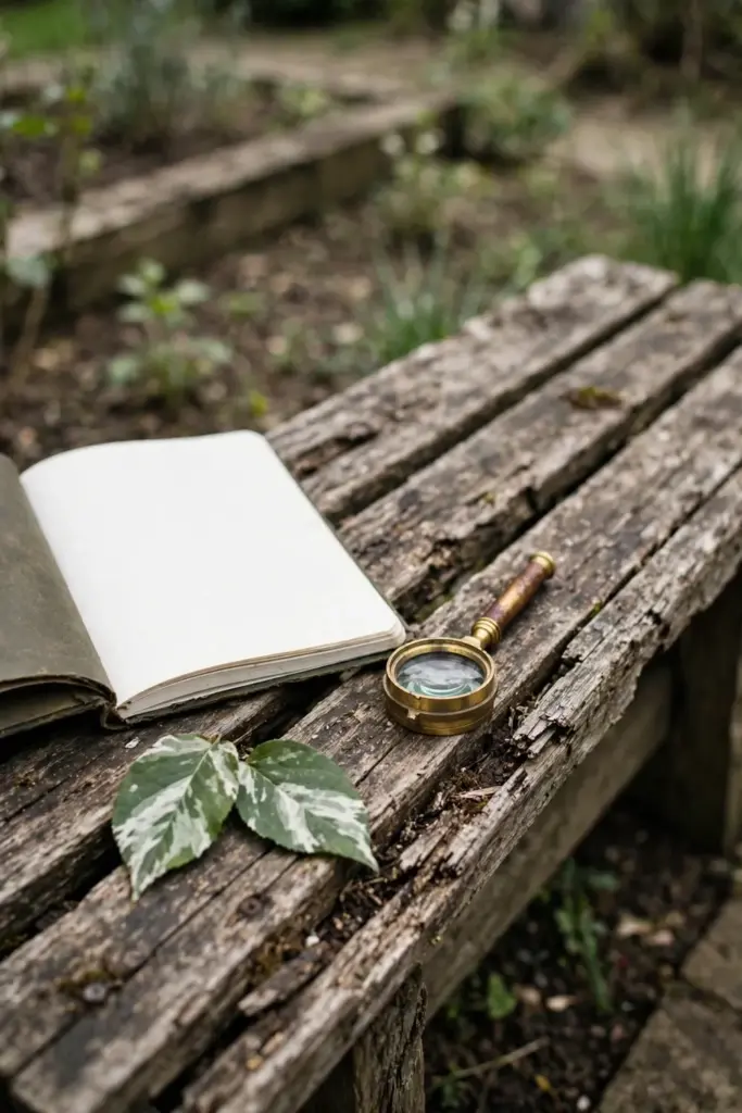 Notebook, hand lens, and white-patched leaves on a bench beside a garden bed