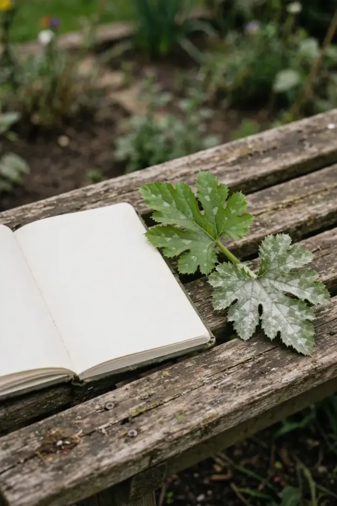 Notebook with blank pages and zucchini leaves on a bench