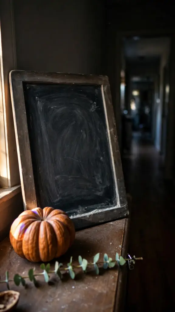 Small chalkboard beside a pumpkin and eucalyptus sprig on a console