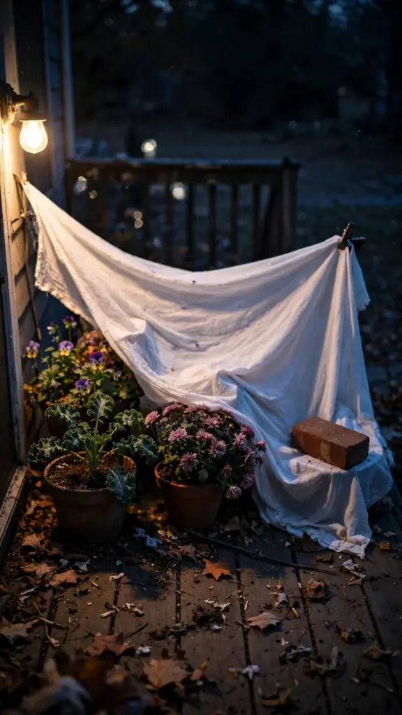 Frost cloth draped over potted plants on a porch at dusk