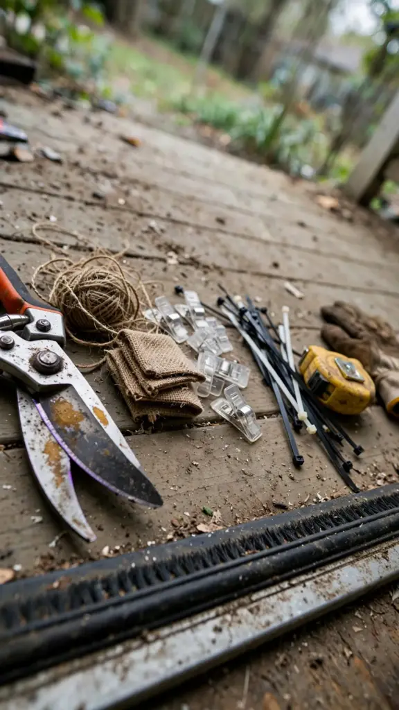 Yard decorating tools laid out: shears, twine, burlap, gutter clips, paint pen