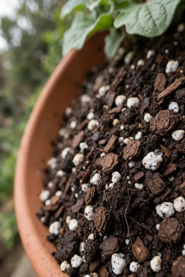Close-up of gritty fast-draining soil mix with perlite and compost