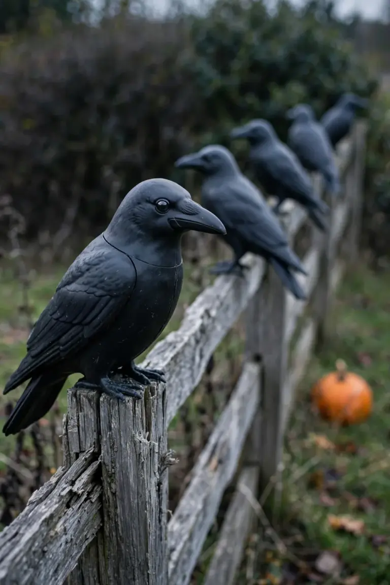 Black faux crows perched along the posts of a weathered timber garden fence