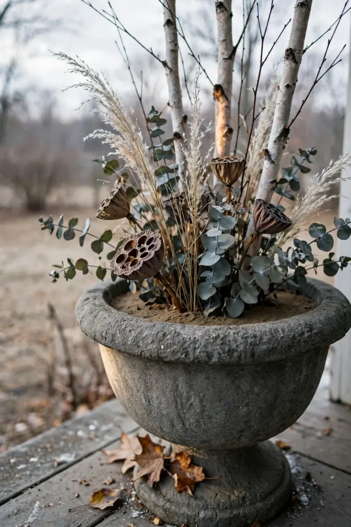 Heavy urn with dried grasses, lotus pods, and birch branches, no water needed