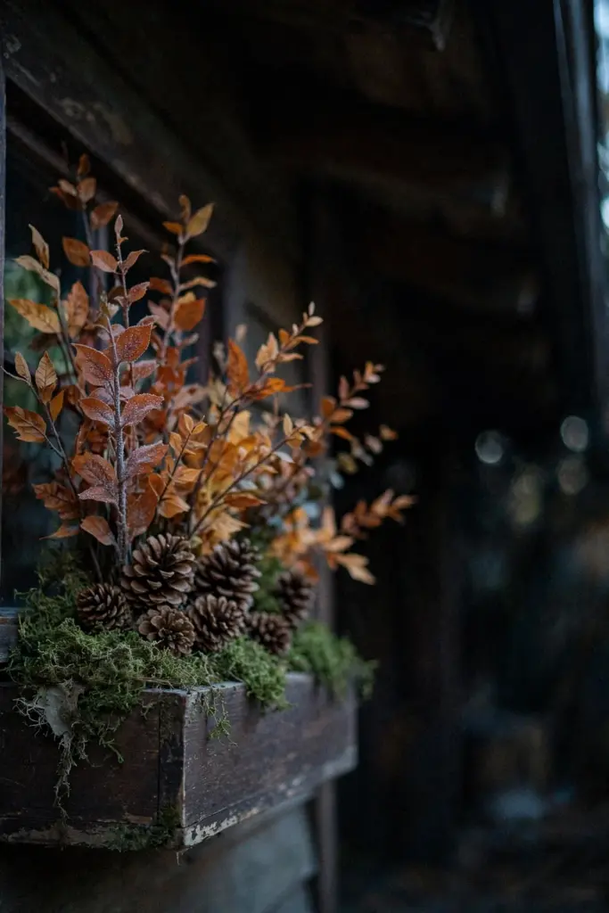 Faux fall stems with real moss and pinecones in a shaded box