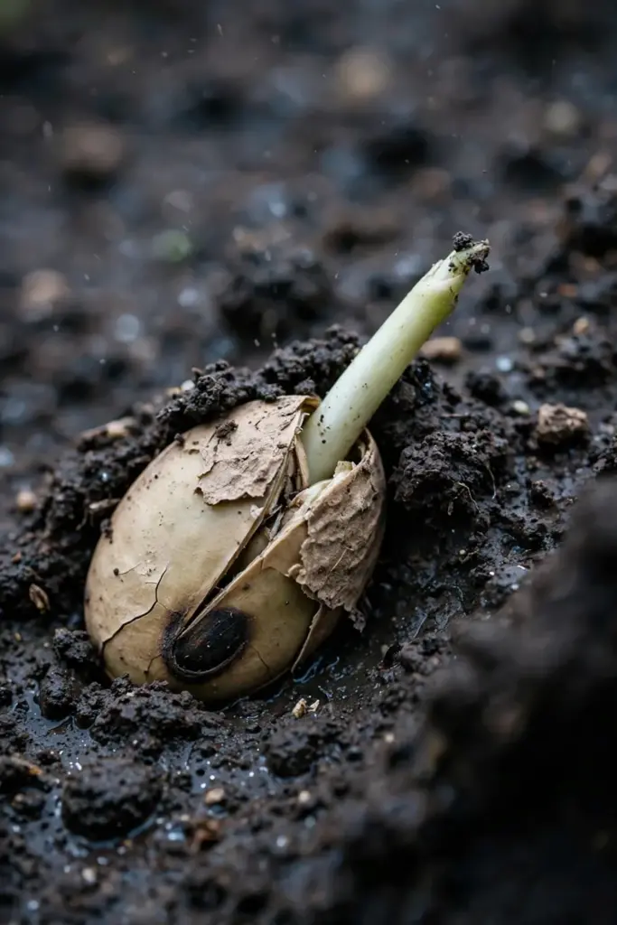 Broad fava bean seed with a strong shoot breaking the soil