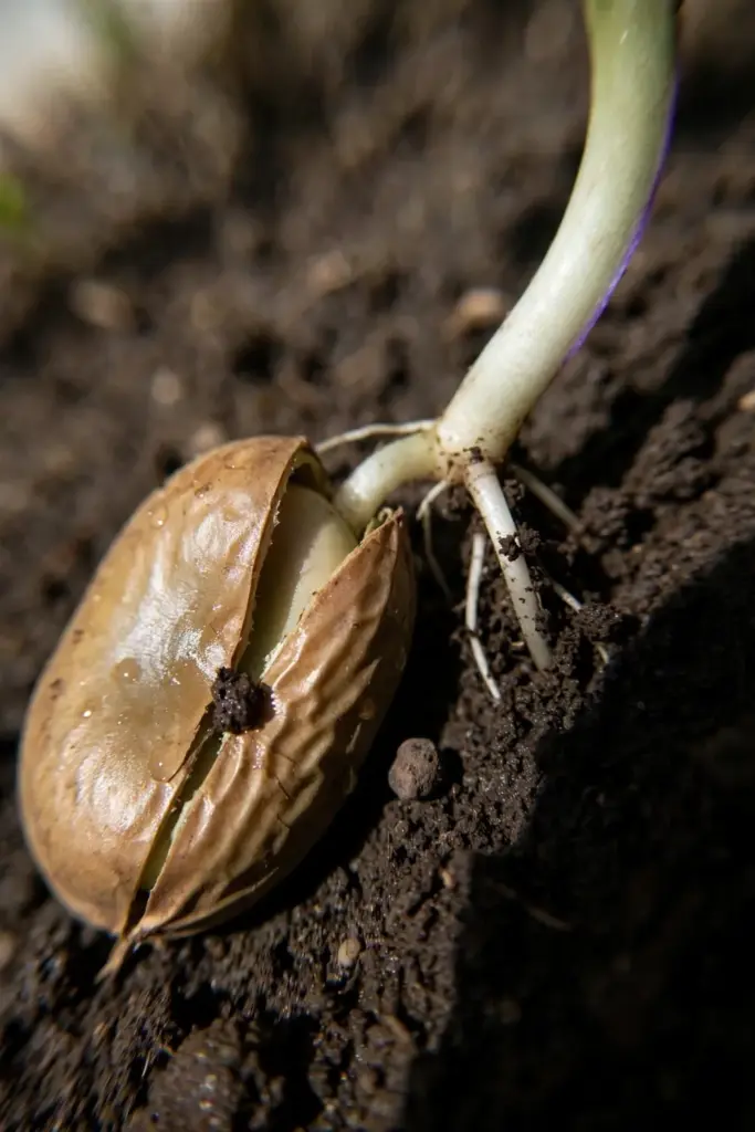 Large split fava bean seed with sprout on dark moist soil