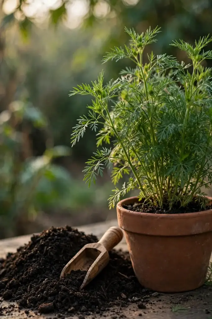 Small pile of finished compost beside a thriving cumin pot