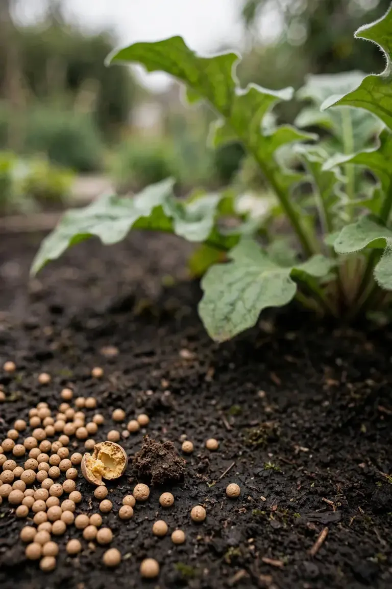 Slow-release fertilizer granules scattered on soil around a gerbera base