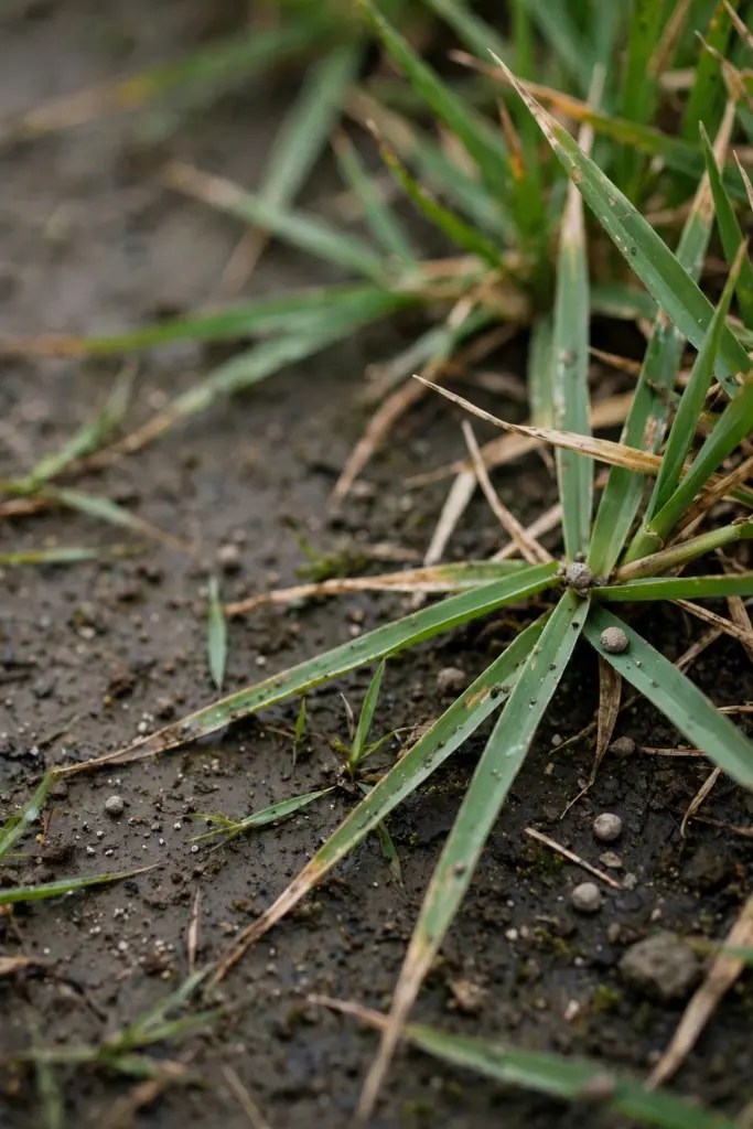 Fertilizer granules scattered thinly across green grass blades close up